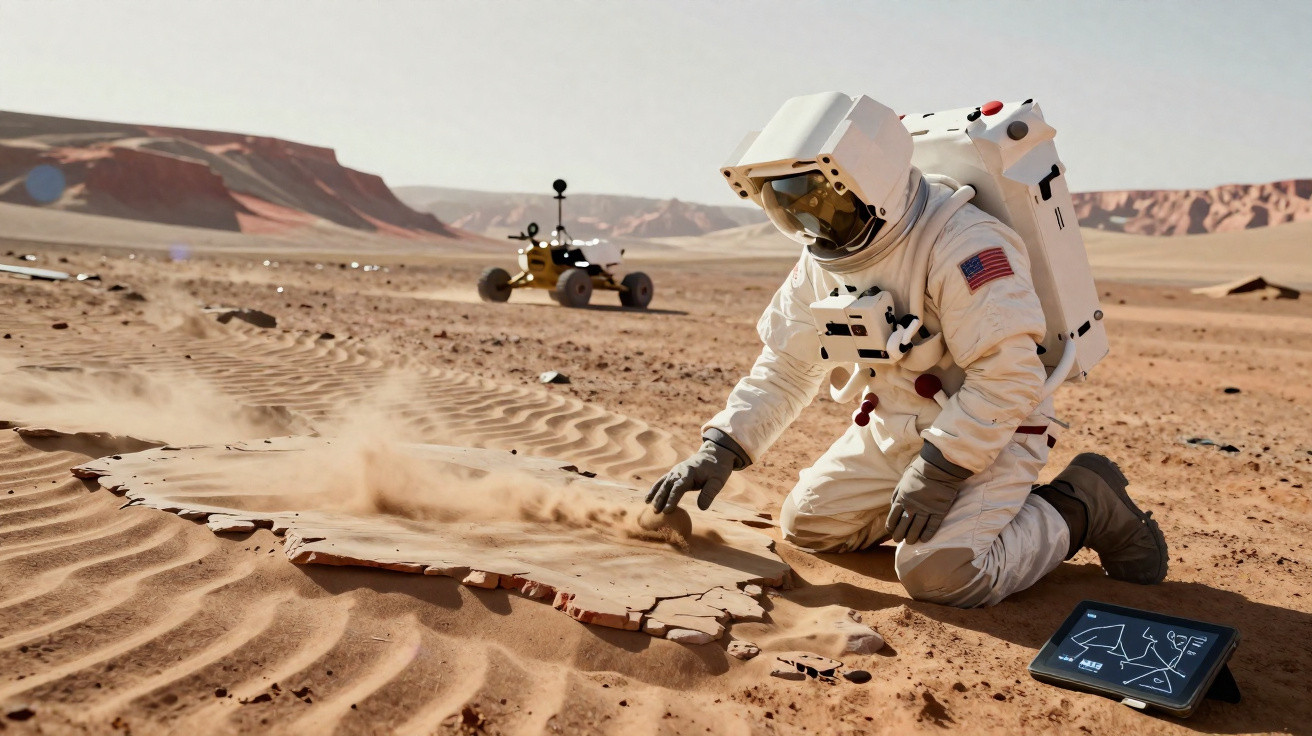 Astronauta em traje branco coleta amostra do solo arenoso em paisagem desértica com rover e colinas ao fundo.