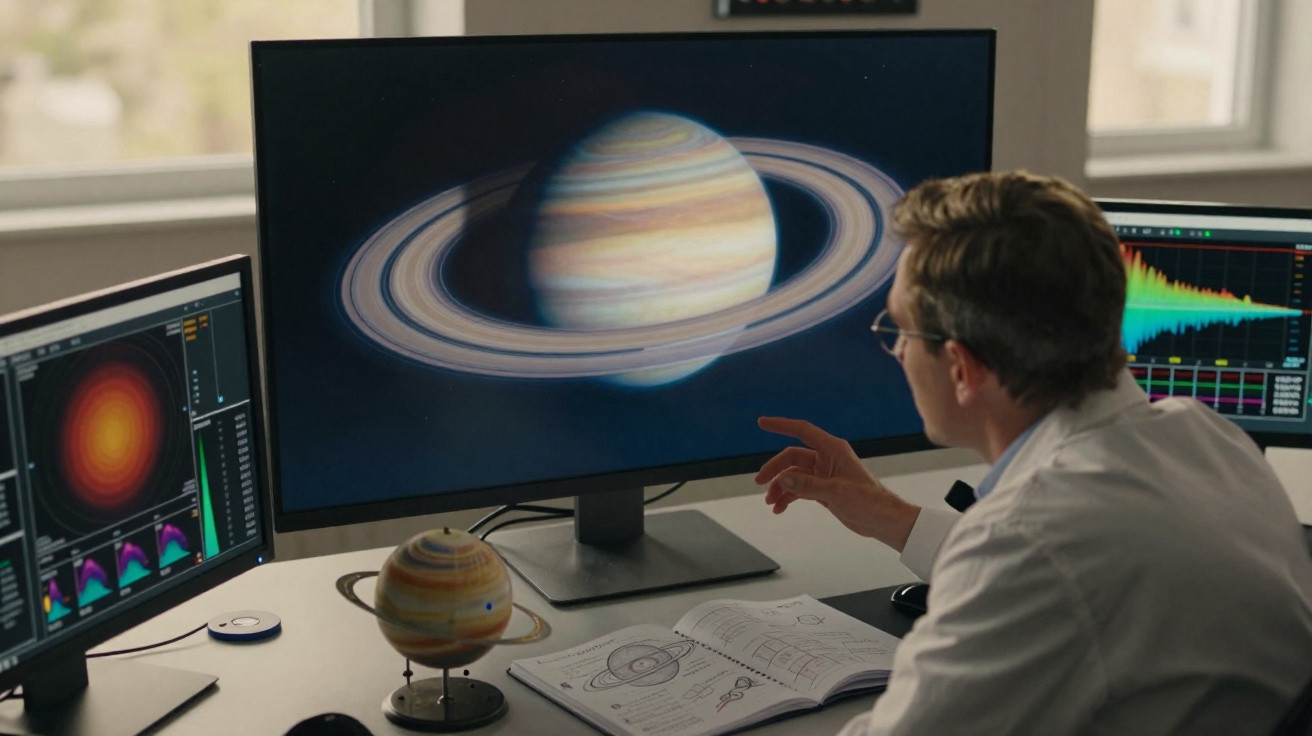Cientista observa imagem de Saturno com anéis em tela de computador em escritório com modelo do planeta.