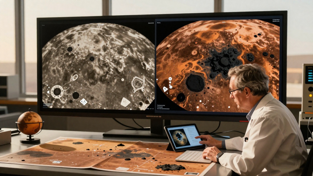 Homem em laboratório observa mapa e imagens de superfície planetária em monitores e tablet.