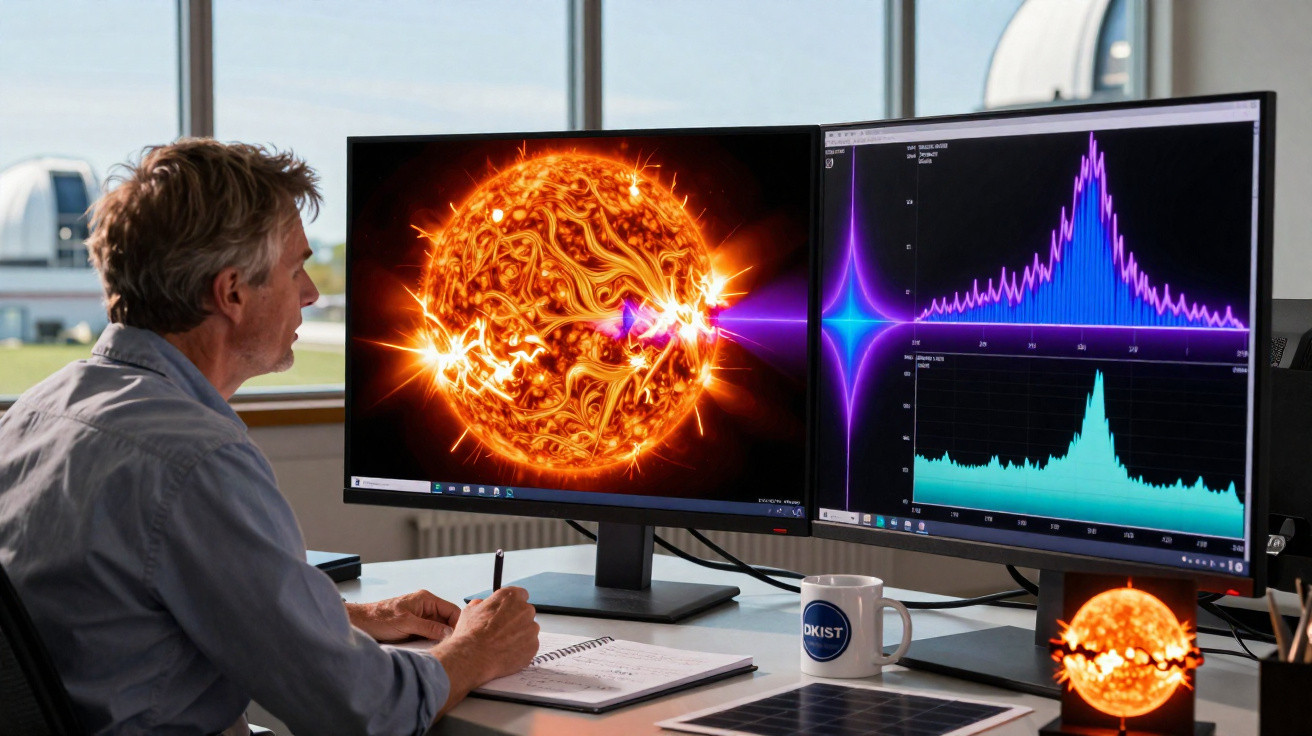 Homem analisando imagens do sol e gráficos científicos em dois monitores em um escritório.