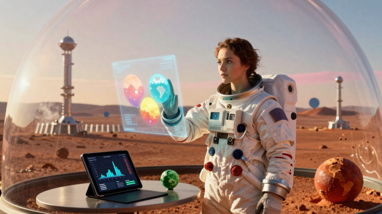 Astronauta interage com tela holográfica dentro de cúpula transparente em ambiente marciano árido.