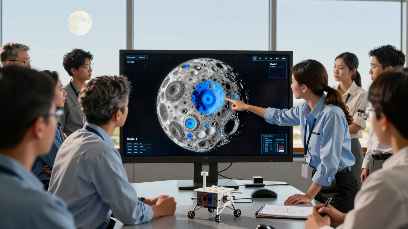 Grupo de cientistas analisando uma imagem detalhada da lua em uma tela durante reunião.