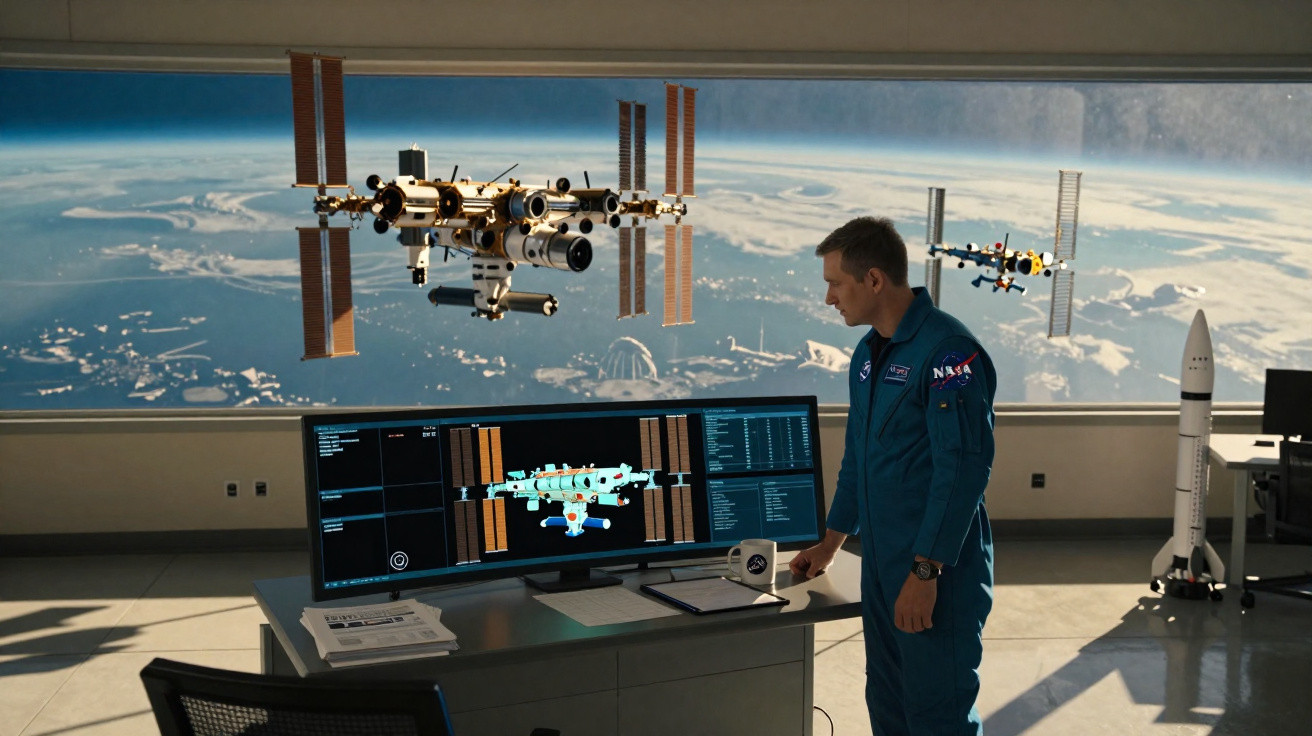 Astronauta observa estação espacial em sala com vista da Terra e modelos de foguete e estação espacial.