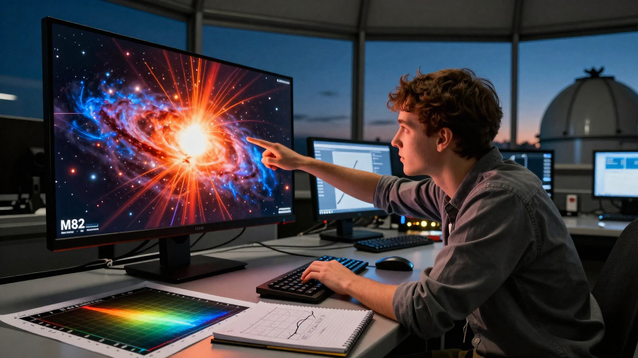 Jovem analisa imagem colorida de galáxia no monitor em laboratório de astronomia ao entardecer.