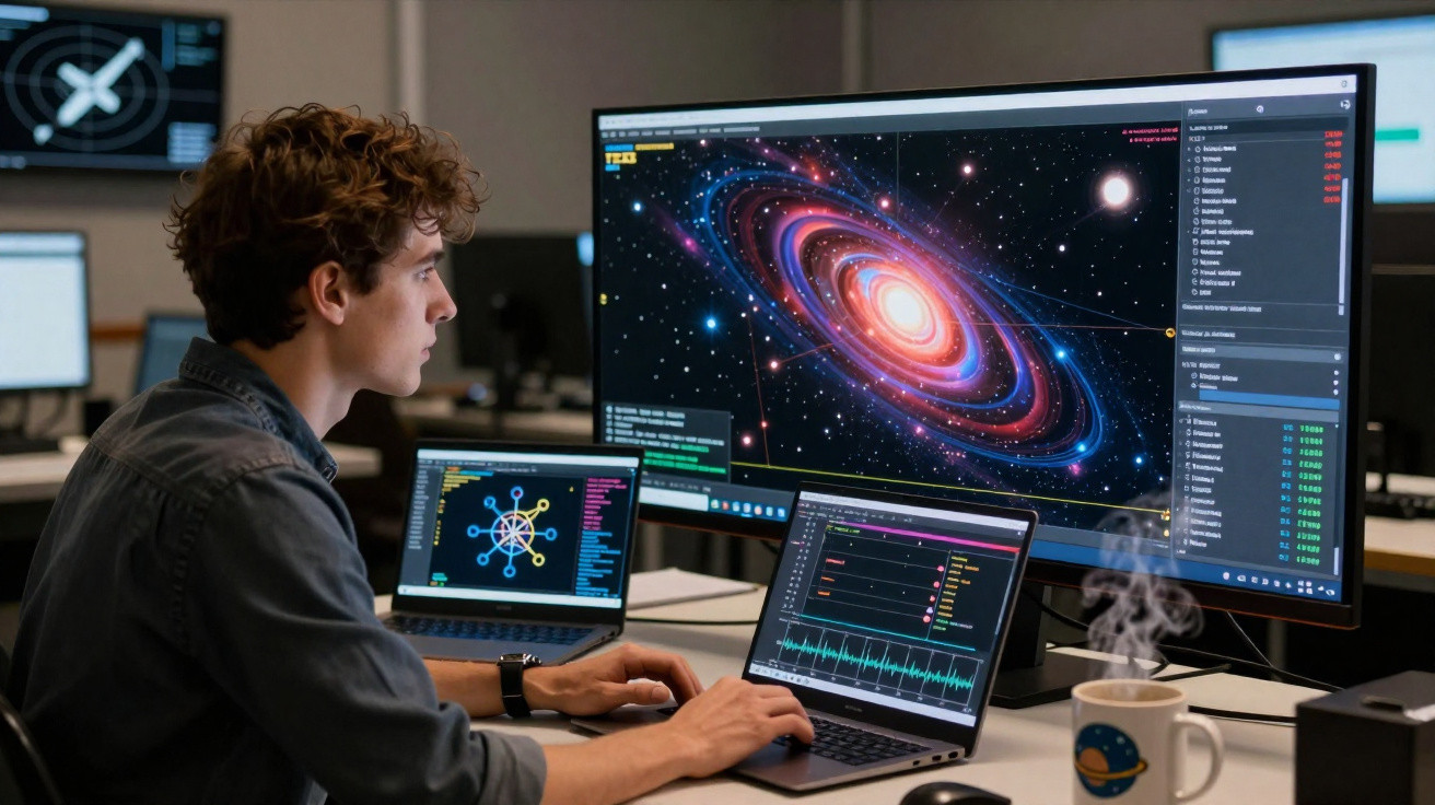 Homem trabalhando com análise de dados e imagens do espaço em múltiplos monitores em escritório.