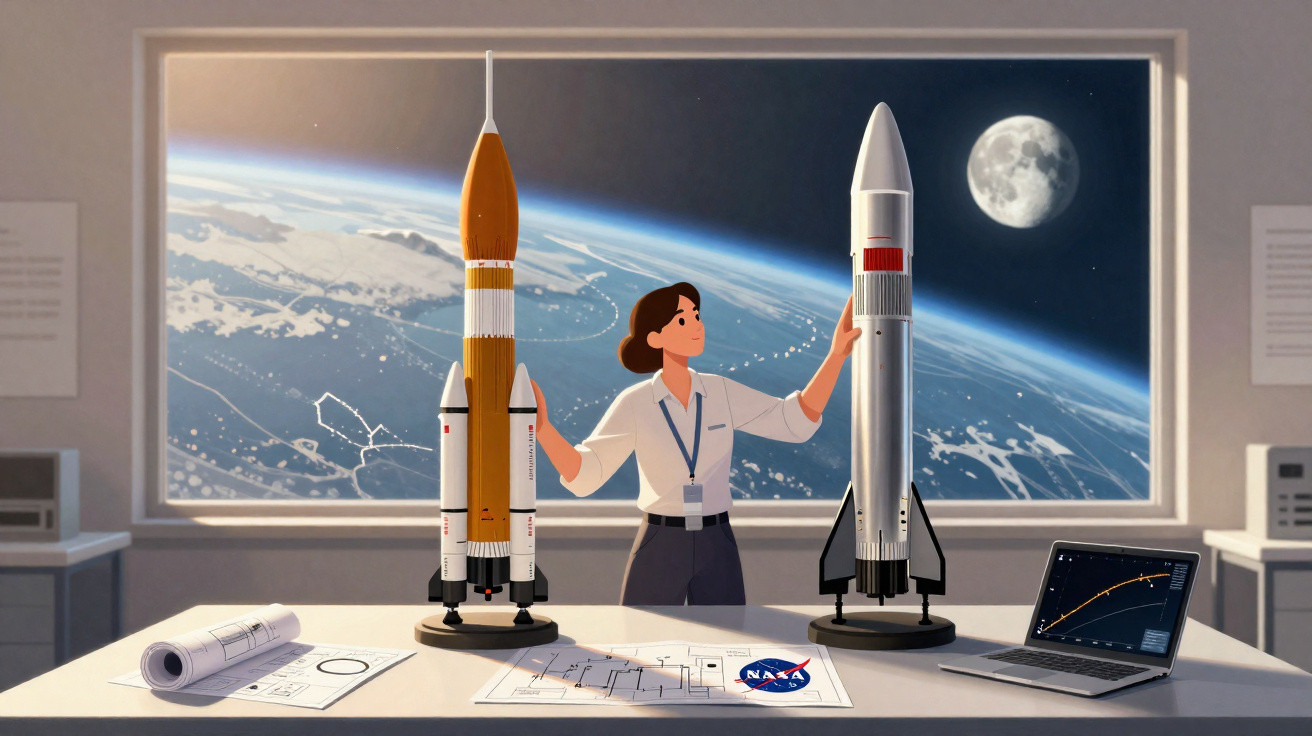 Mulher em sala com modelos de foguetes, mapa da NASA, laptop e vista da Terra e da Lua ao fundo.