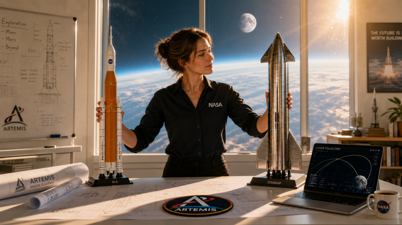 Mulher com uniforme NASA segura modelos de foguetes Artemis e Starship em sala com vista para espaço.