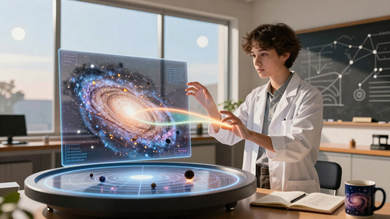 Jovem cientista interage com projeção holográfica de galáxia e sistema solar em laboratório moderno.