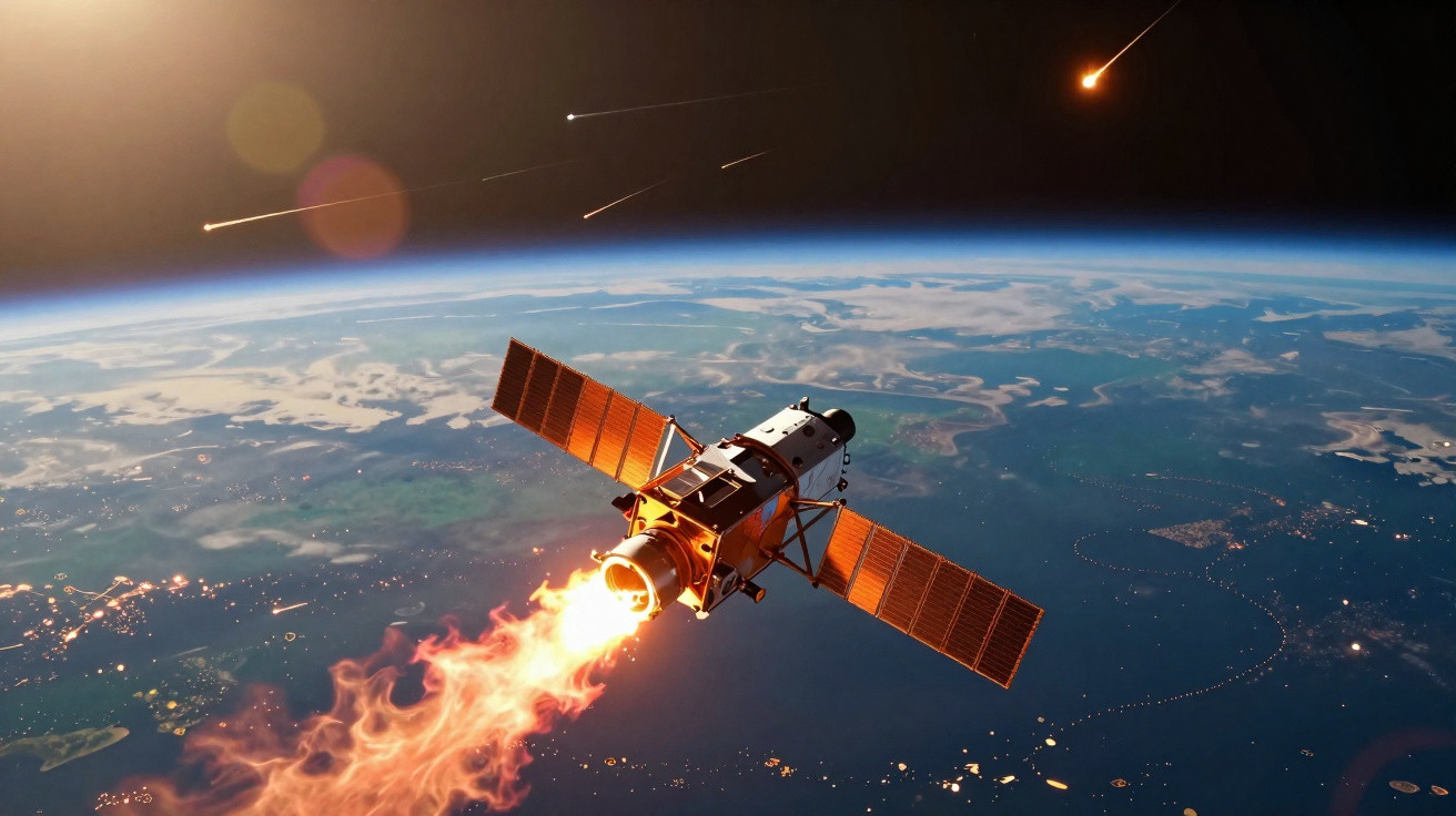 Satélite em órbita da Terra com chamas quentes saindo de seu motor, meteoros brilhantes ao fundo.
