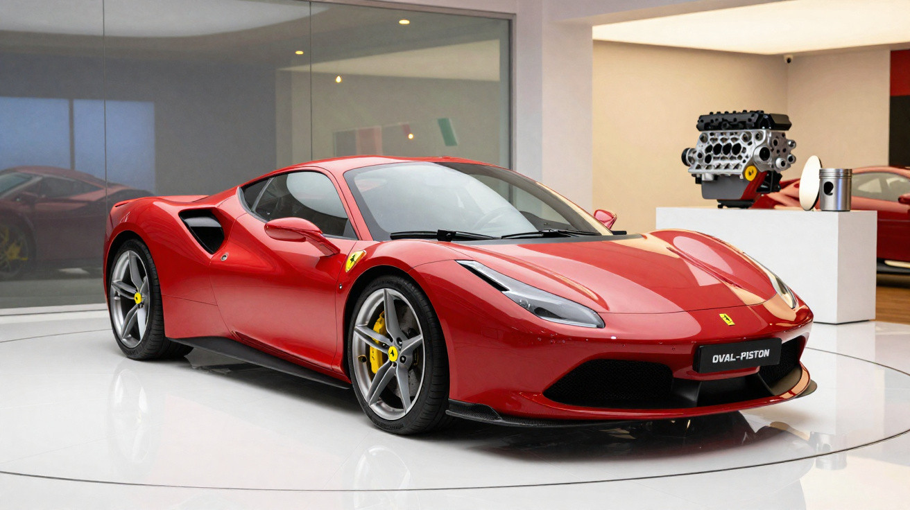 Carro esportivo Ferrari vermelho exposto em ambiente interno moderno com motor ao fundo.