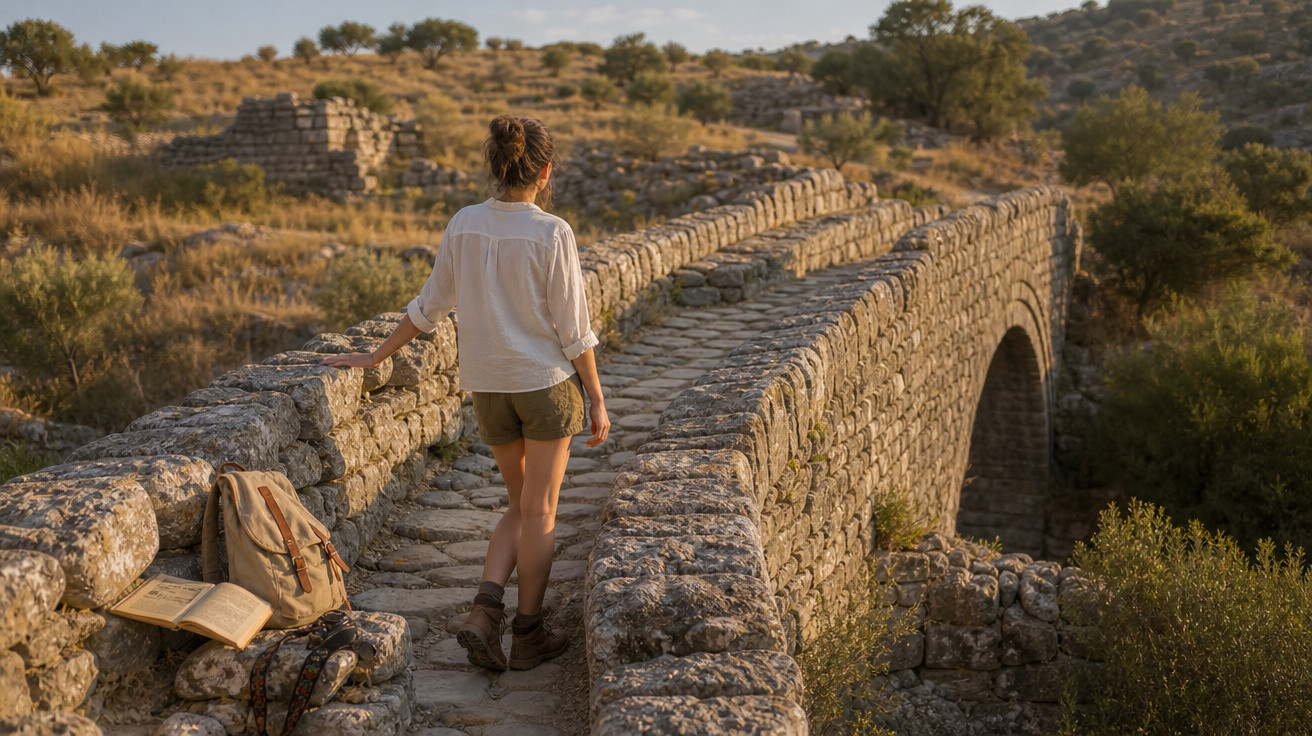 Mulher caminhando em ponte de pedra antiga em área rural ao entardecer com mochila e livro ao lado.