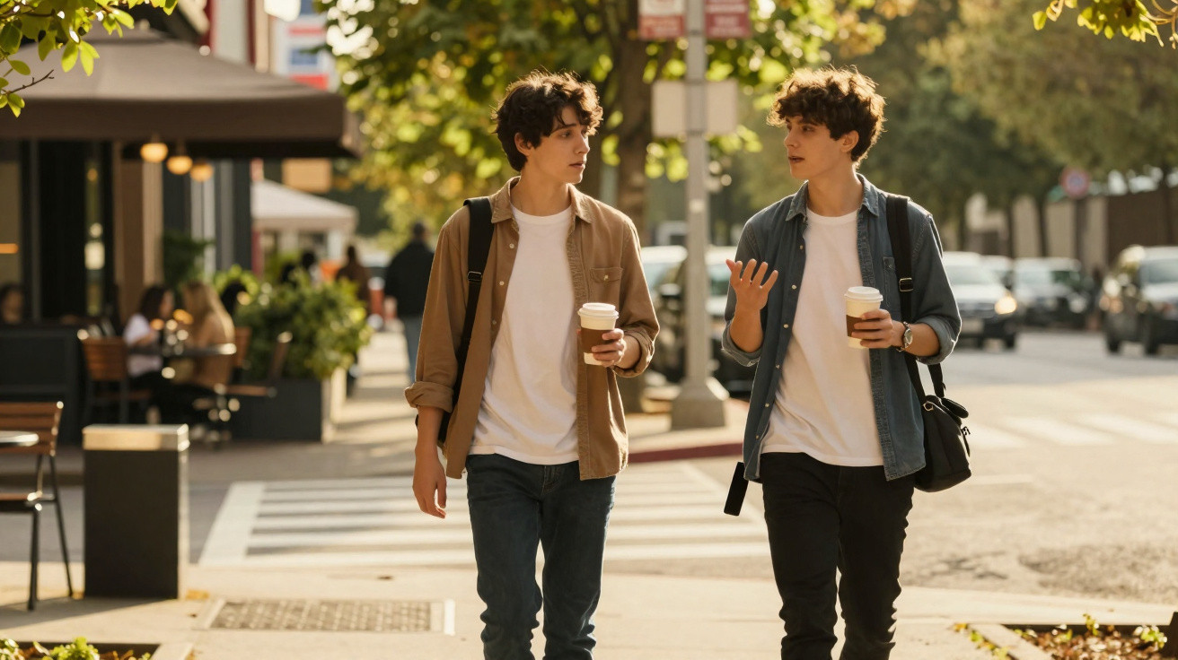Dois jovens caminhando e conversando em calçada urbana, cada um segurando um copo de café.