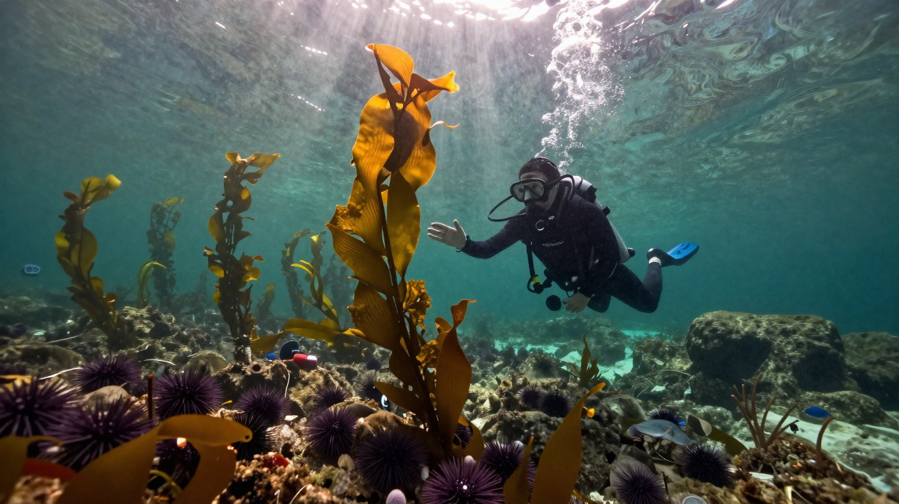 Mergulhador explorando um recife marinho com algas e ouriços sob água cristalina.