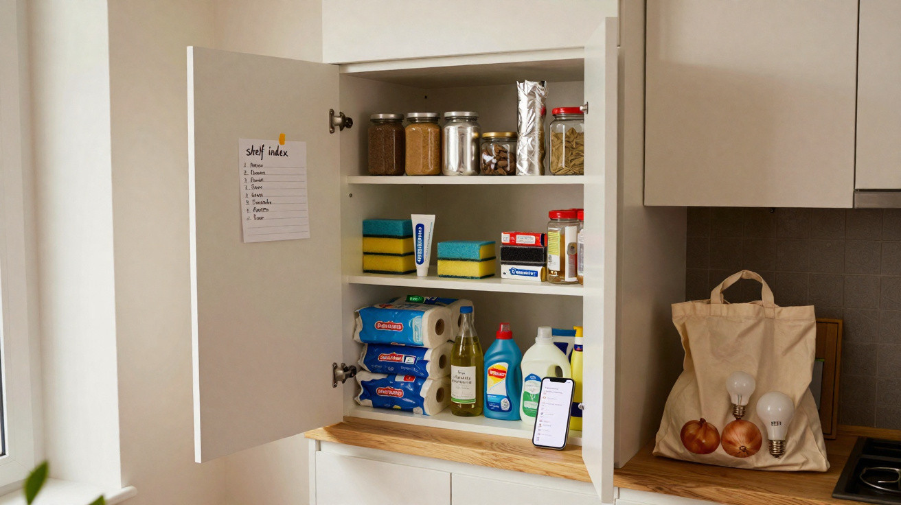 Armário de cozinha aberto com mantimentos, produtos de limpeza, esponjas e papel higiênico organizados nas prateleiras.