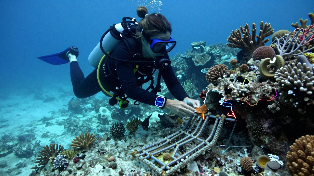 Mergulhadora mexendo em corais coloridos com equipamento de mergulho em fundo marinho.