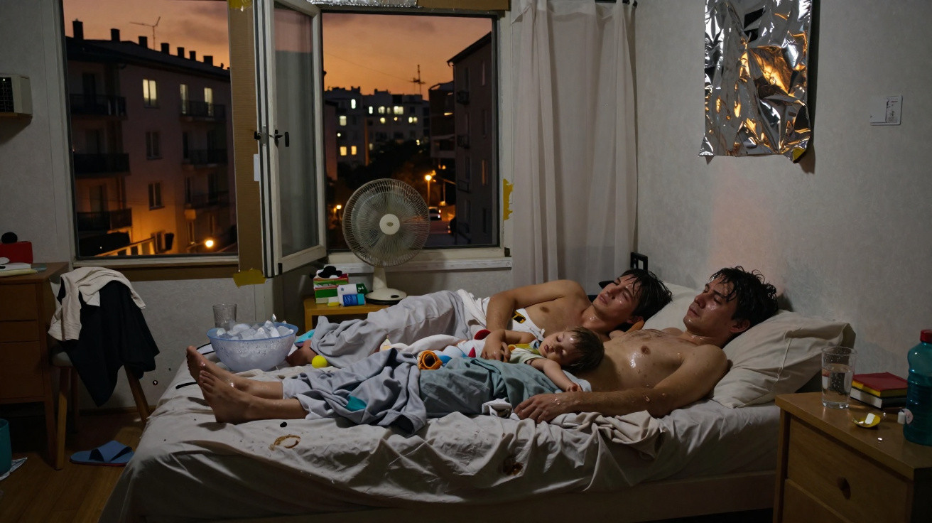 Três pessoas deitadas em uma cama em um quarto com janela aberta ao anoitecer, ventilador e móveis simples.