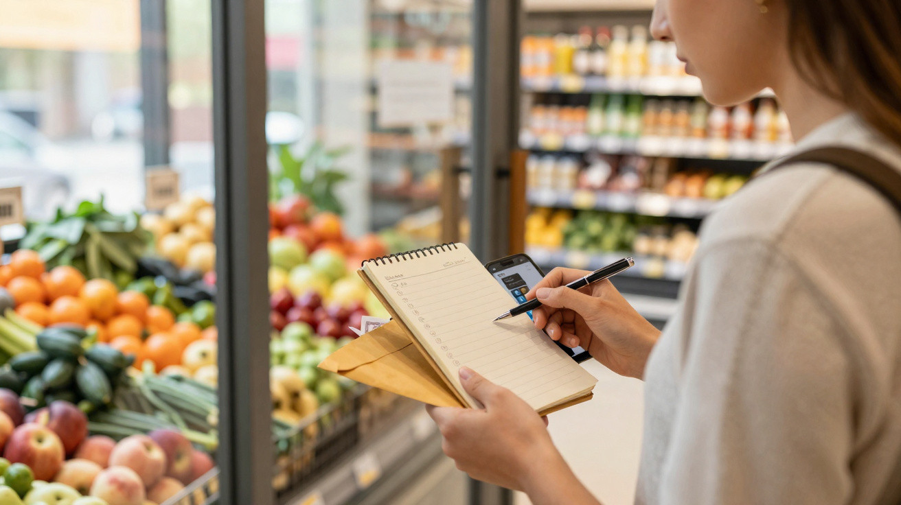 Mulher consultando lista de compras e celular em mercado com frutas e verduras na prateleira.