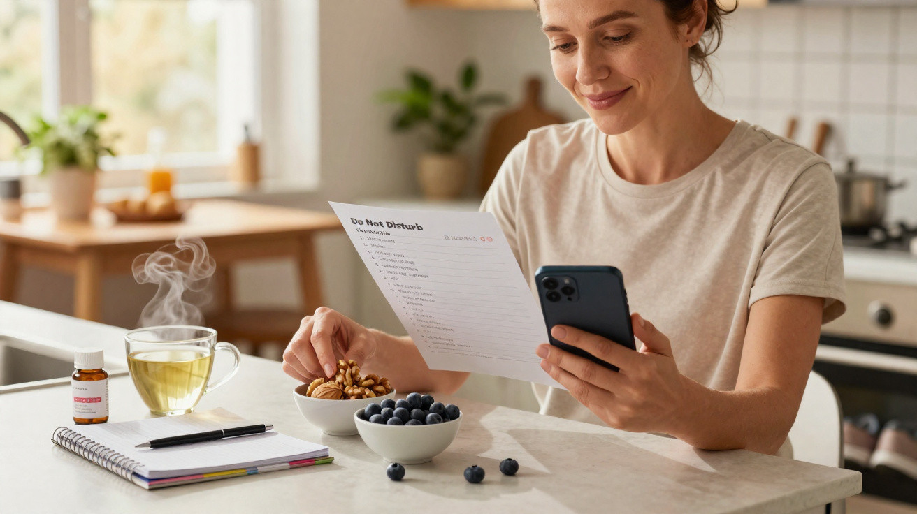 Mulher sorrindo consulta lista de compras no celular enquanto está na cozinha com frutas e chá.