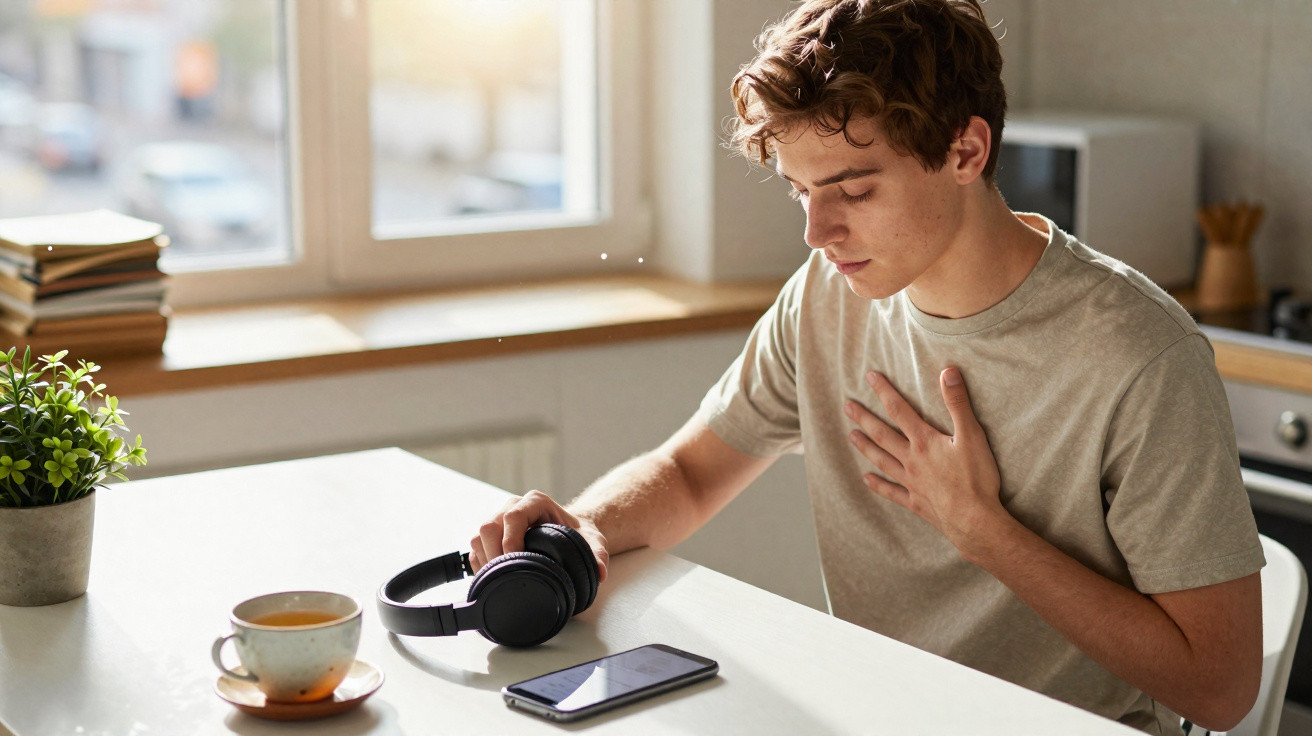 Jovem sentado à mesa com fone na mão e outra mão sobre o peito, com xícara de café e celular à frente.