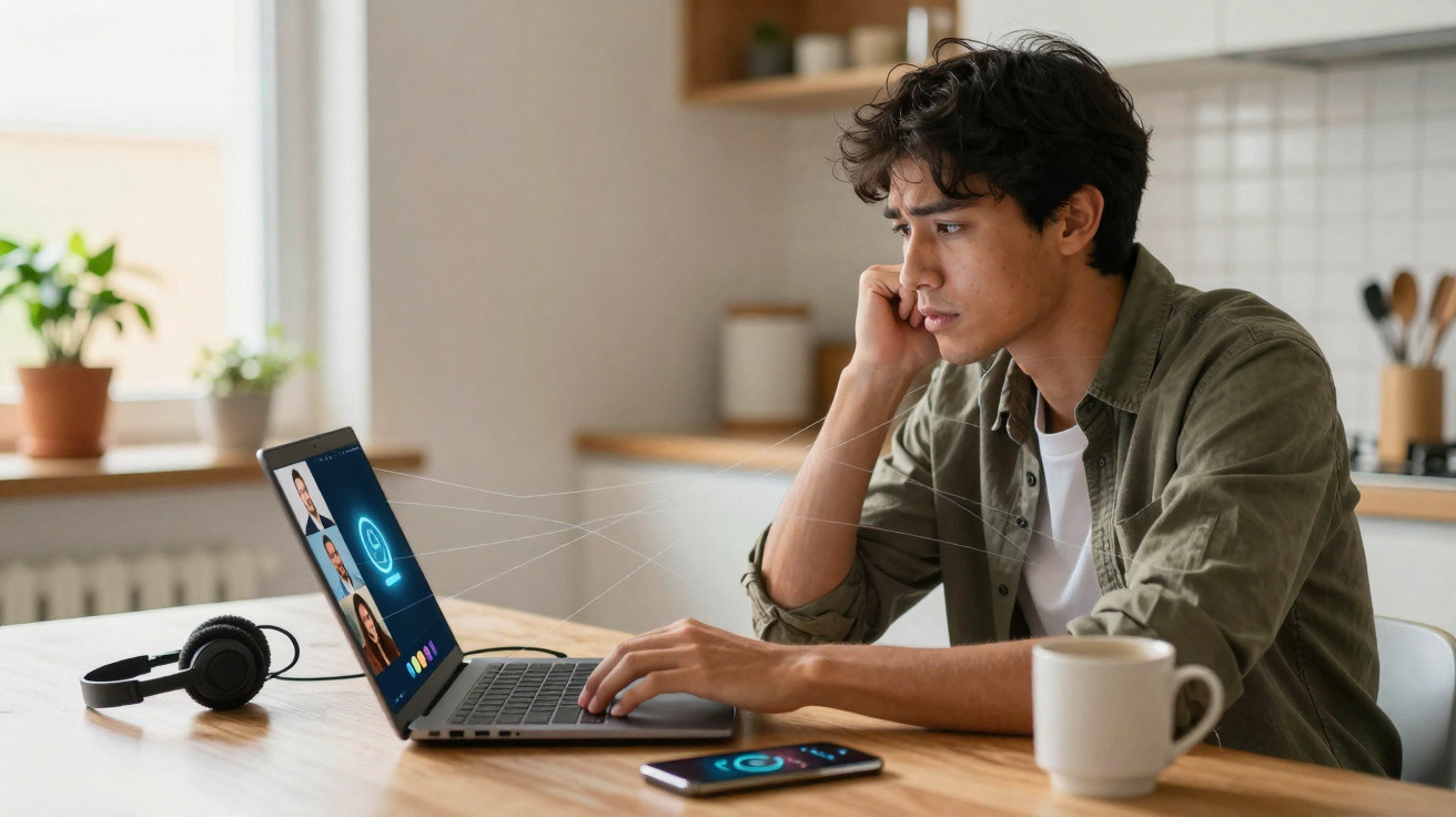Jovem participando de videoconferência em laptop, sentado à mesa com celular, fones e caneca na cozinha.