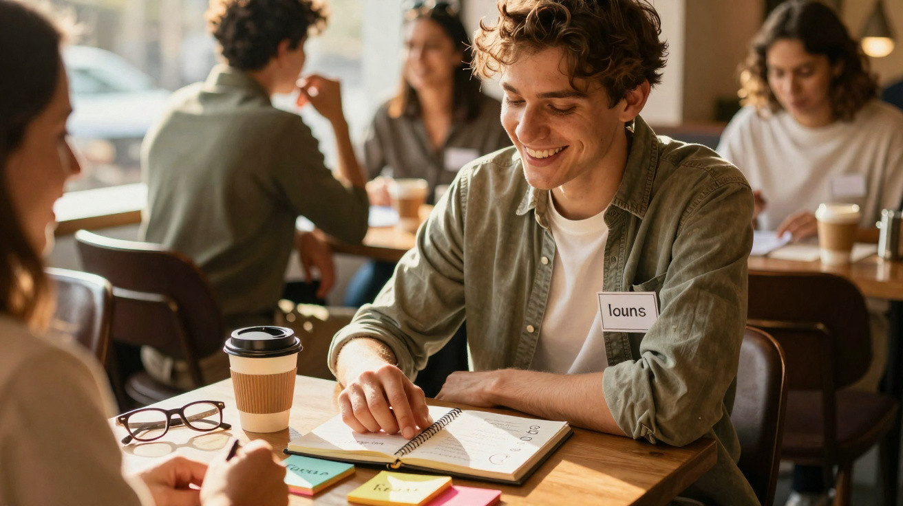 Jovem sorrindo e lendo um caderno durante reunião ou estudo em café com outras pessoas ao fundo.