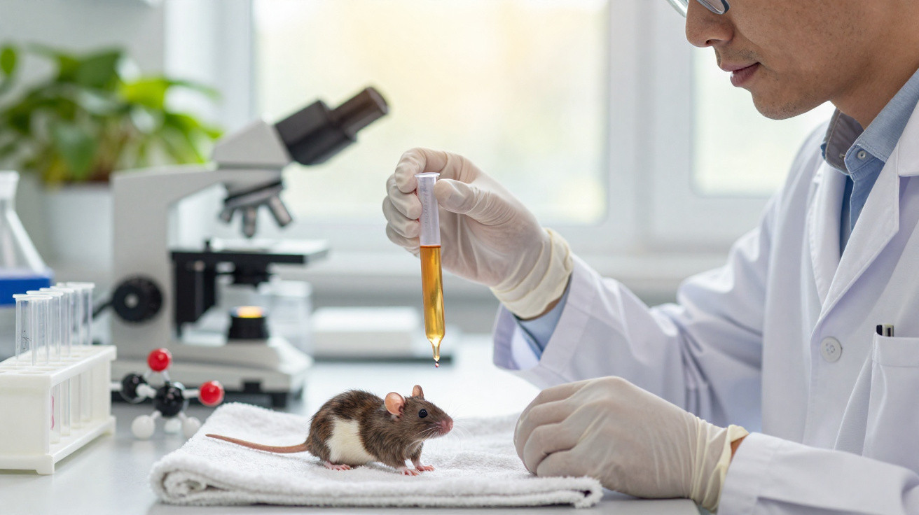 Cientista em laboratório com luvas aplicando líquido em conta-gotas próximo a rato sobre toalha branca.