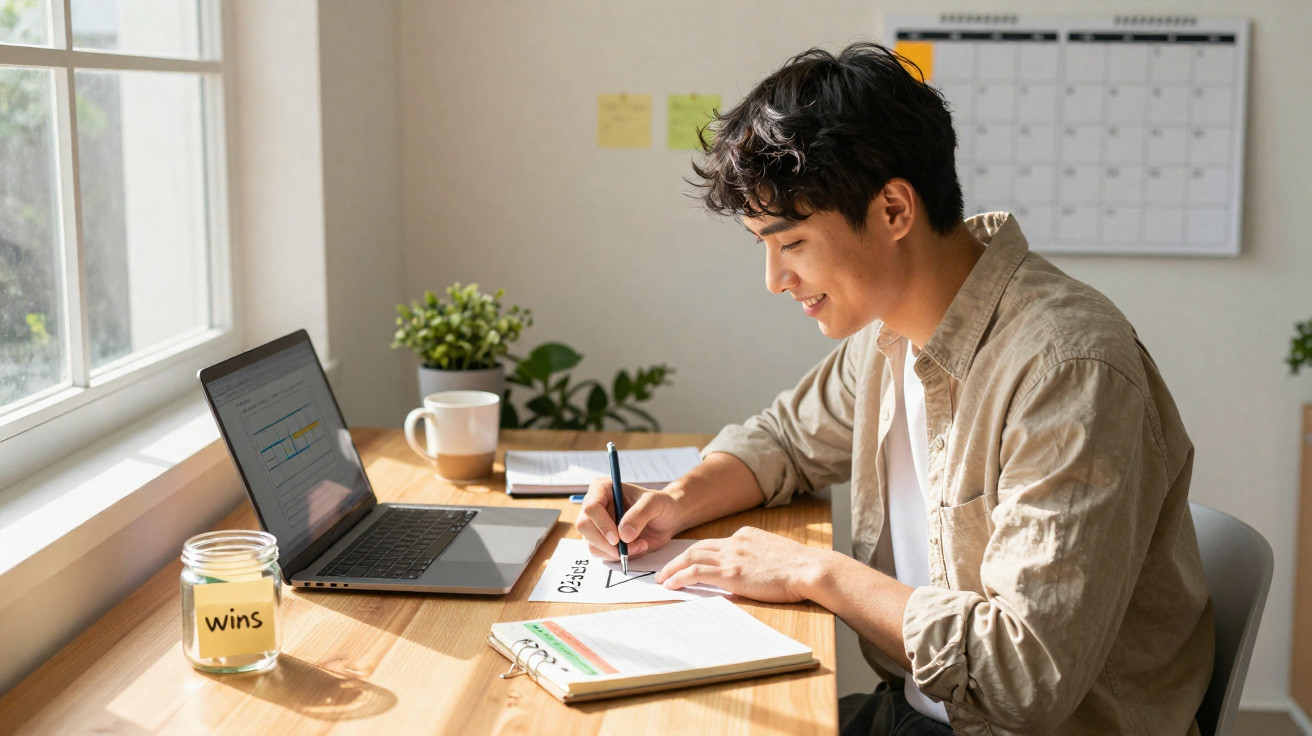Jovem sentado em mesa com laptop e anotando ideias em papel, com pote de vidro escrito "wins".