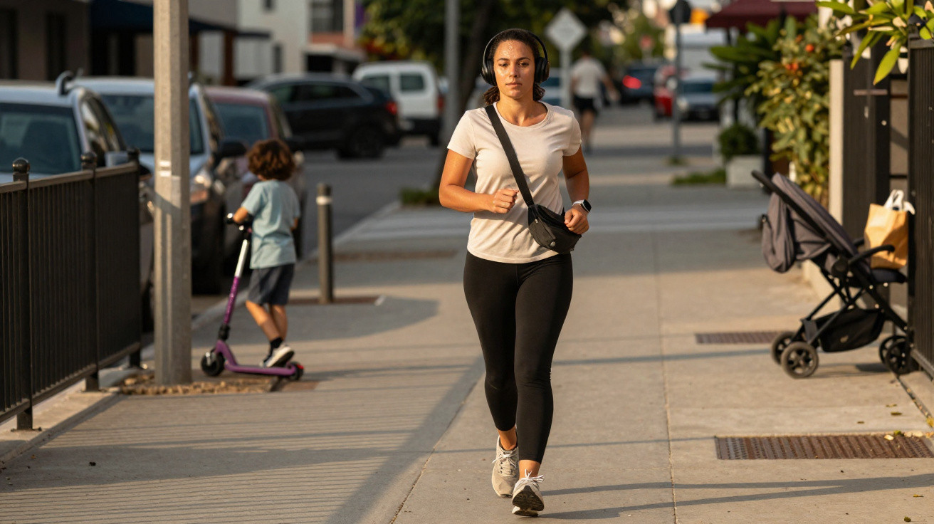 Mulher correndo com fones de ouvido em calçada urbana, criança no patinete ao fundo, carrinho de bebê à direita.