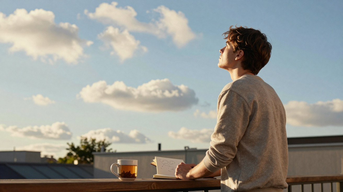 Jovem em varanda ao pôr do sol observando o céu, com caderno e xícara de chá à sua frente.