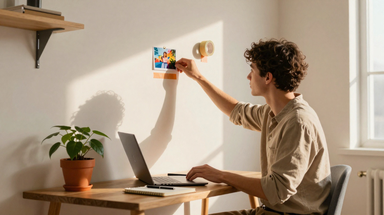 Jovem em mesa de trabalho com notebook coloca foto colorida na parede iluminada pelo sol.