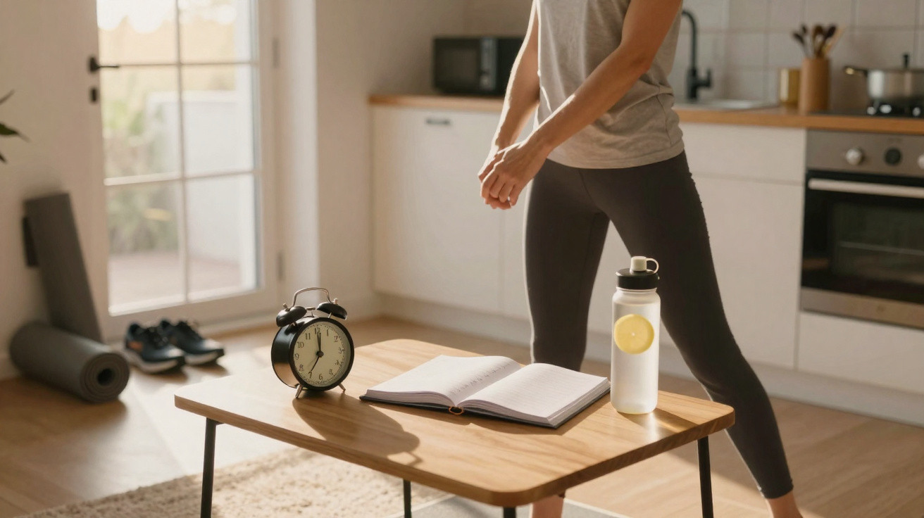 Pessoa em roupa esportiva preparando-se para exercício em sala iluminada com tapete, tênis, relógio, garrafa e caderno.