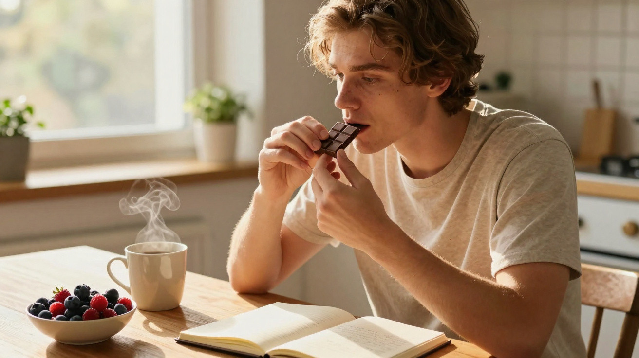 Jovem sentado à mesa com livro aberto, comendo barra de chocolate, com xícara de café quente e tigela de frutas.