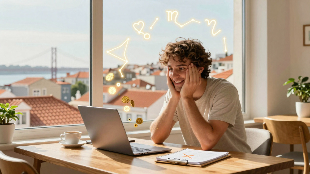 Jovem sentado à mesa usando laptop com desenhos de signos e moedas flutuando em ambiente iluminado.