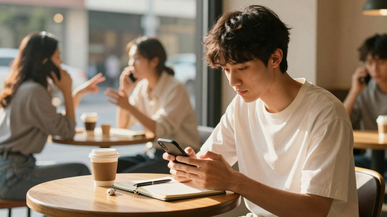 Jovem sentado em cafeteria, usando celular, com caderno, fones e copo de café na mesa.