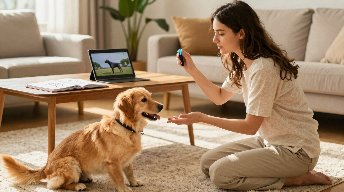 Mulher treinando cachorro golden retriever com clicker na sala de estar iluminada.