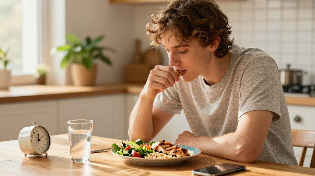 Jovem com camiseta cinza comendo salada e frango grelhado sentado em uma mesa de cozinha.