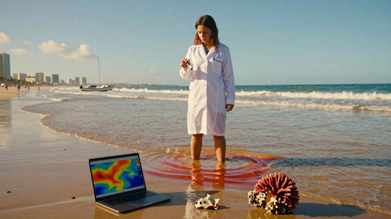 Mulher com jaleco branco no mar analisando amostras, laptop aberto e corais na praia ao redor.