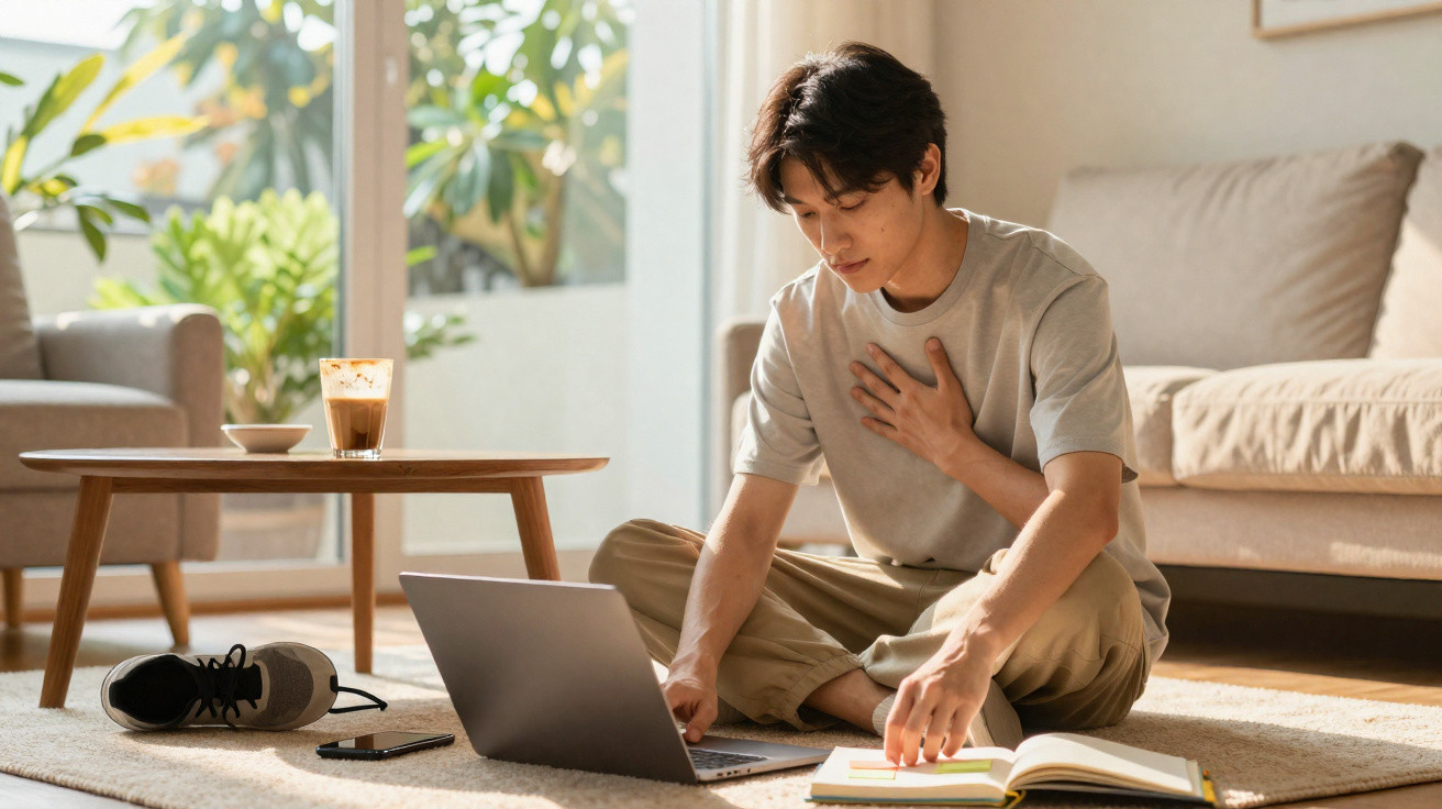 Jovem sentado no chão da sala com laptop, livro aberto e uma mão no peito, aparentando desconforto.