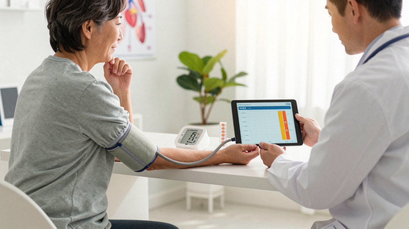 Paciente feminina tendo pressão arterial medida por médico que analisa dados em tablet.