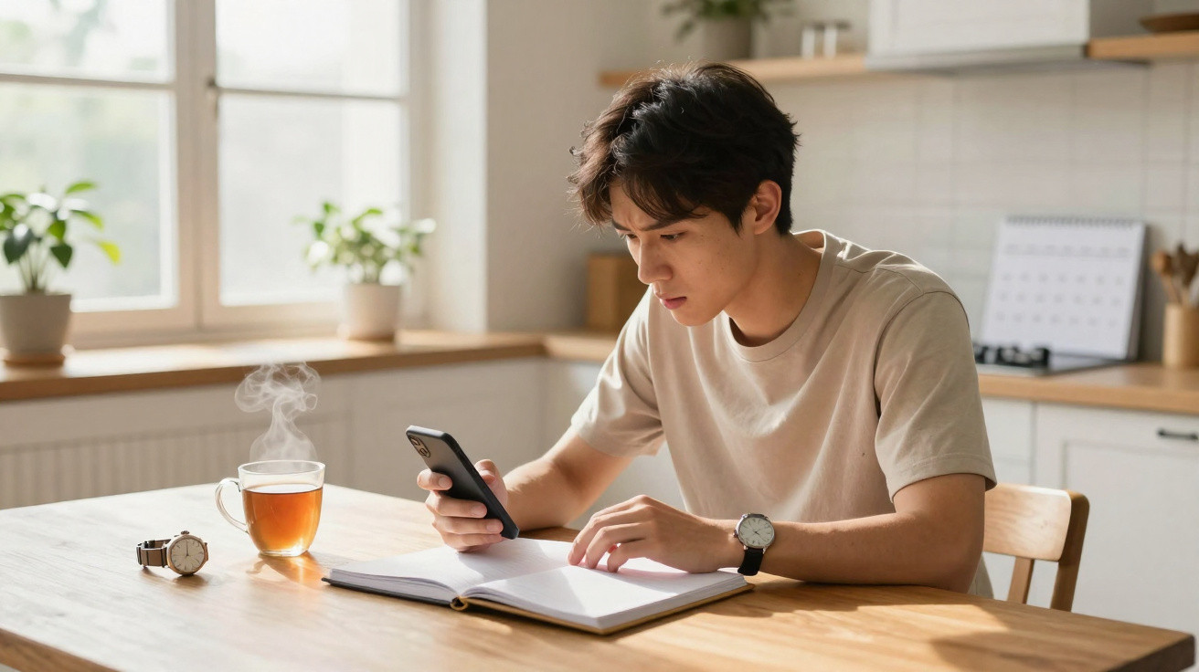 Homem jovem sentado à mesa com chá fumegante, lendo e olhando o celular em ambiente iluminado.