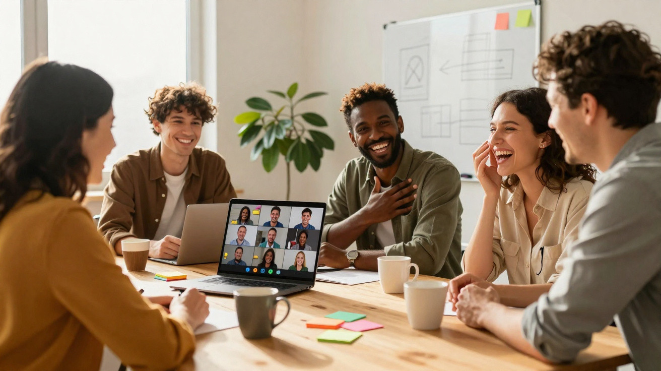Grupo diverso reunido em escritório participando de reunião híbrida com colegas por videoconferência.