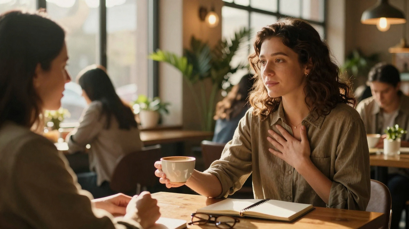 Duas mulheres conversando em café, uma segura uma xícara e a outra escuta atentamente.