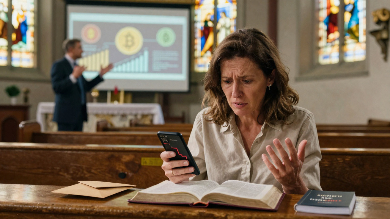 Mulher preocupada olha celular em banco de igreja com Bíblia aberta e homens palestrando ao fundo.