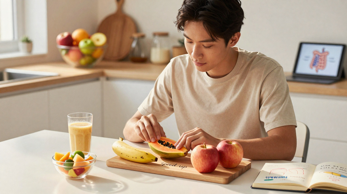 Jovem sentado à mesa na cozinha, cortando mamão, com frutas, suco e livro aberto.