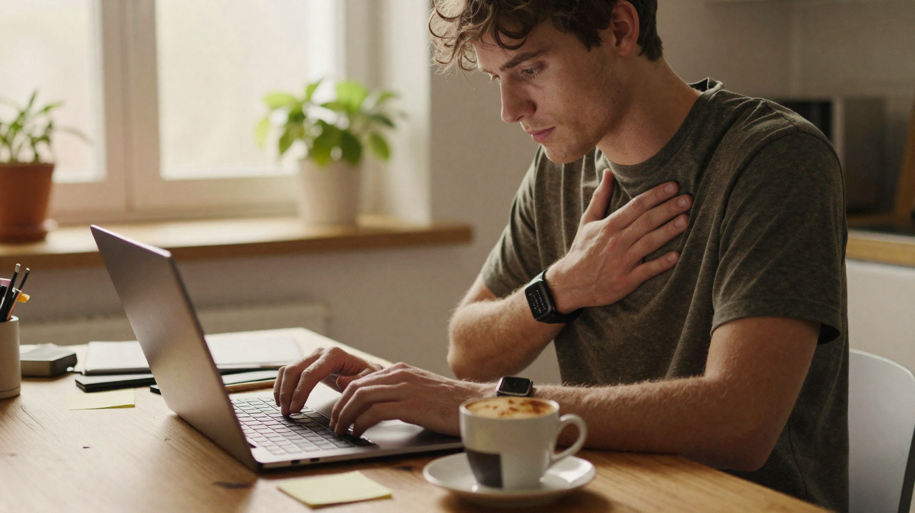 Homem sentado em mesa com laptop e xícara de café, segurando o peito com expressão de desconforto.