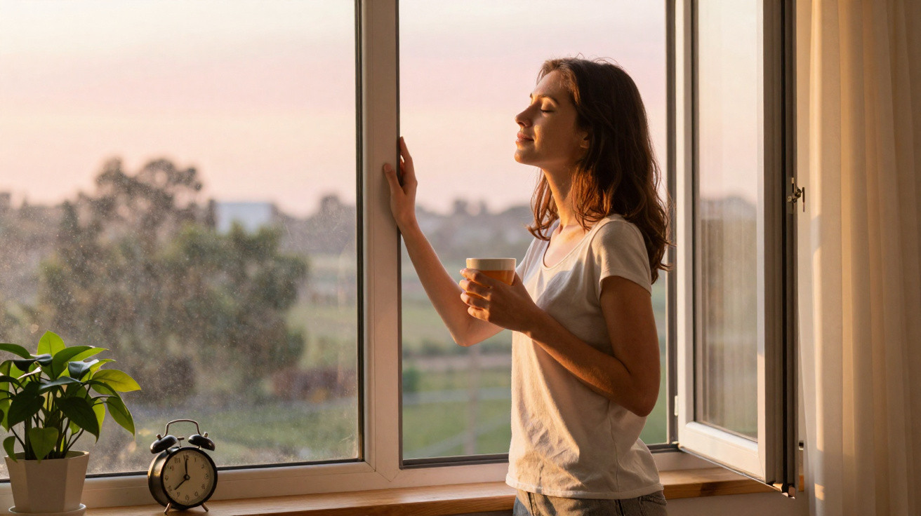 Mulher tomando café e aproveitando a luz do sol ao amanhecer próxima a janela aberta.