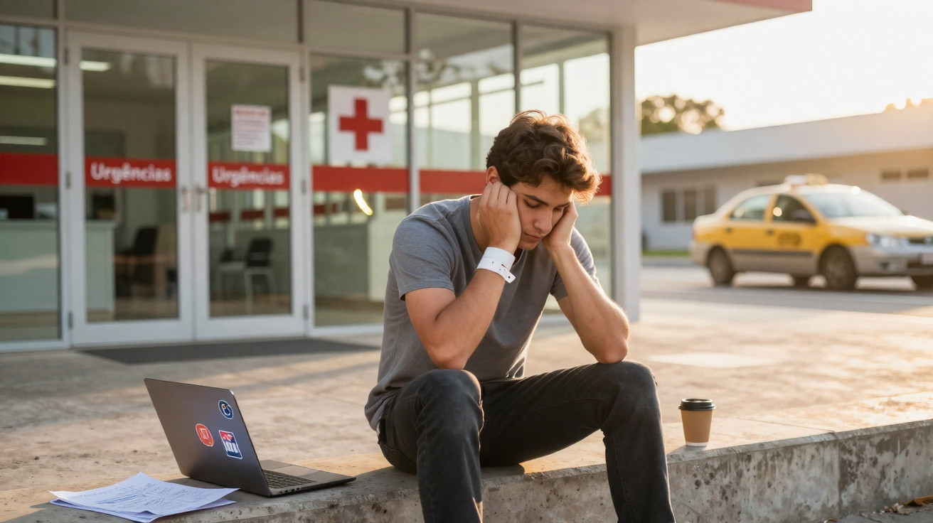 Jovem com pulseira hospitalar sentado cansado em frente à emergência médica, com laptop e copo de café ao lado.