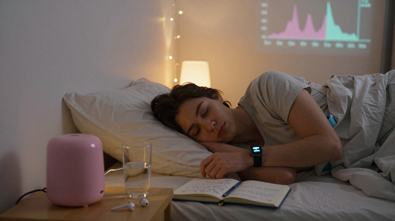Pessoa dormindo na cama ao lado de um copo d'água, fones e uma luminária rosa em criado-mudo.