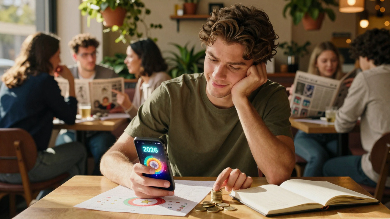 Jovem sentado em café conta moedas enquanto vê gráfico financeiro no celular com ano de 2026.