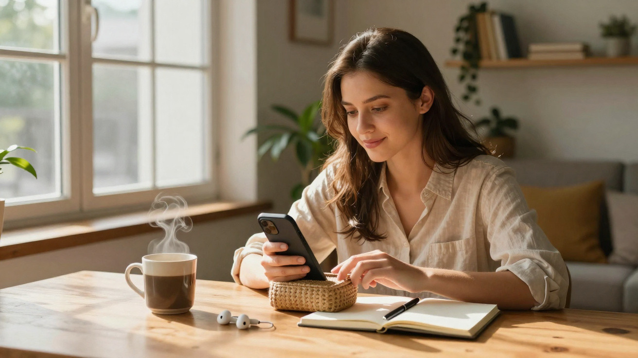 Mulher sorridente usando celular sentada à mesa com caderno, fones de ouvido e xícara de café quente.
